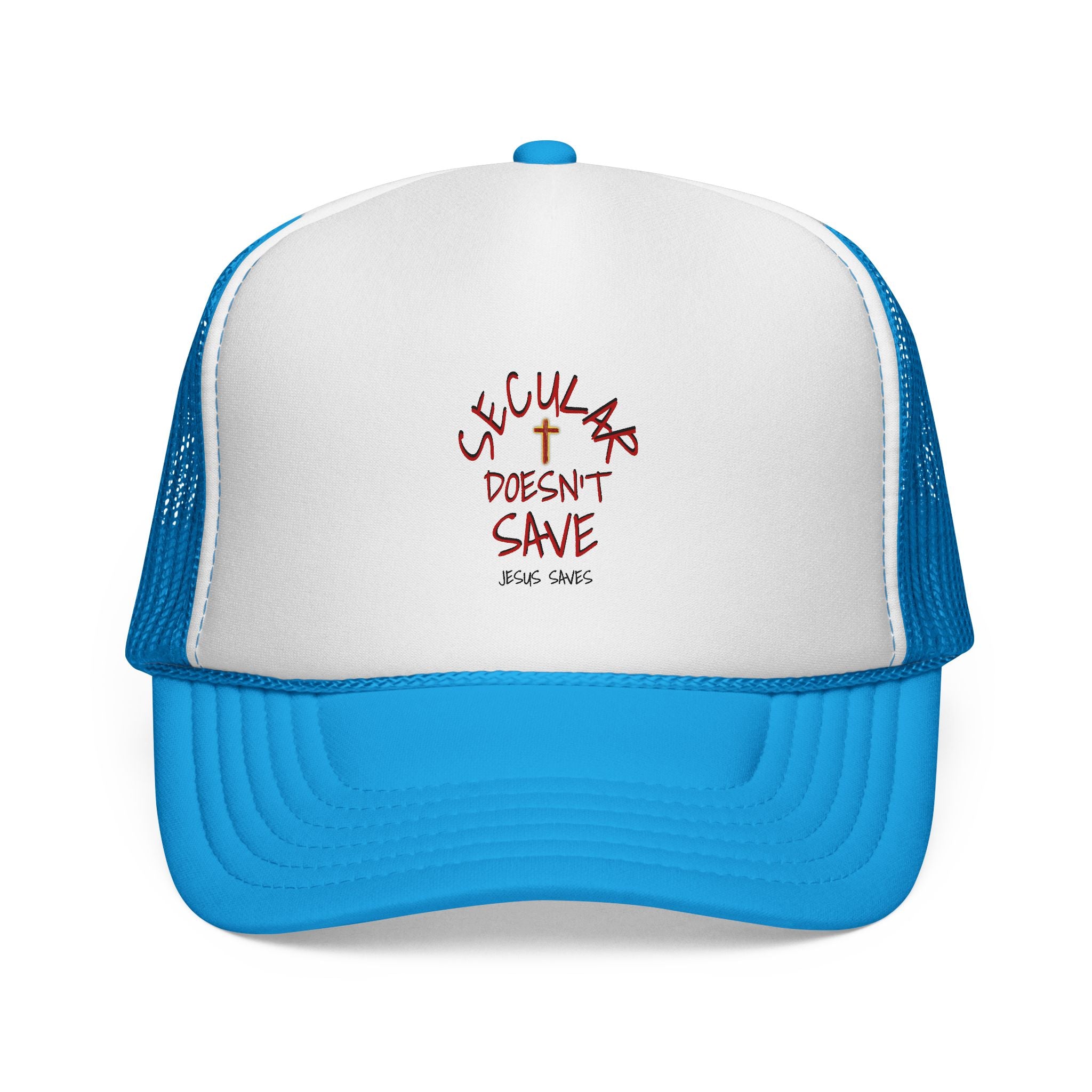 Trucker Cap — "Secular Doesn't Save" Embroidered Christian Message Hat
