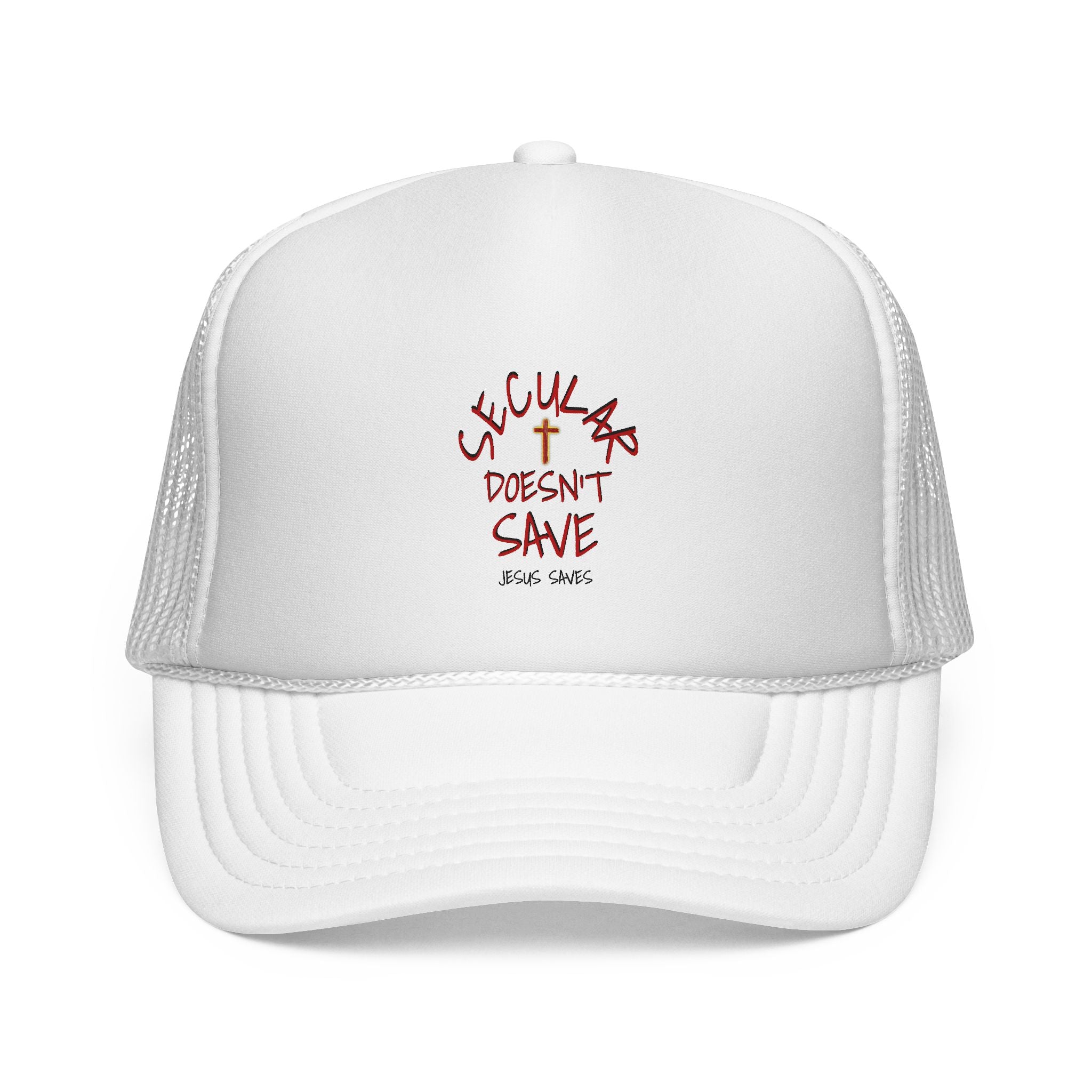 Trucker Cap — "Secular Doesn't Save" Embroidered Christian Message Hat