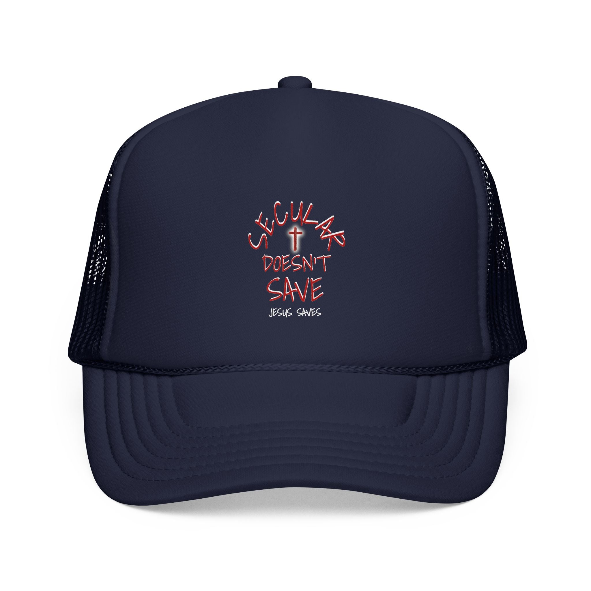 Trucker Cap — "Secular Doesn't Save" Embroidered Christian Message Hat