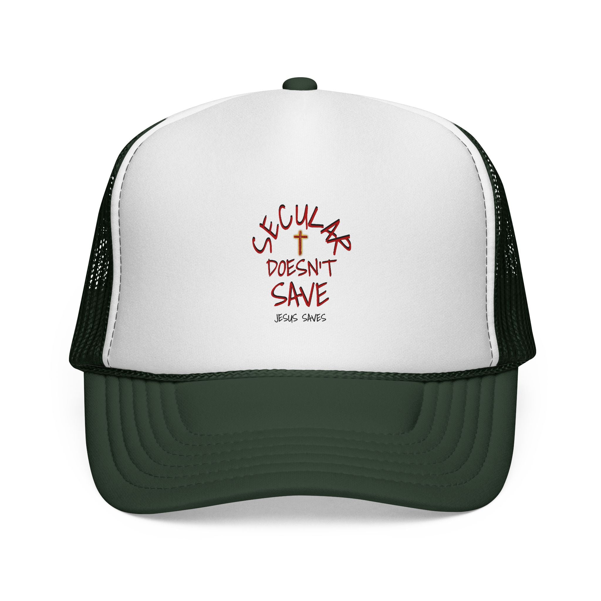 Trucker Cap — "Secular Doesn't Save" Embroidered Christian Message Hat