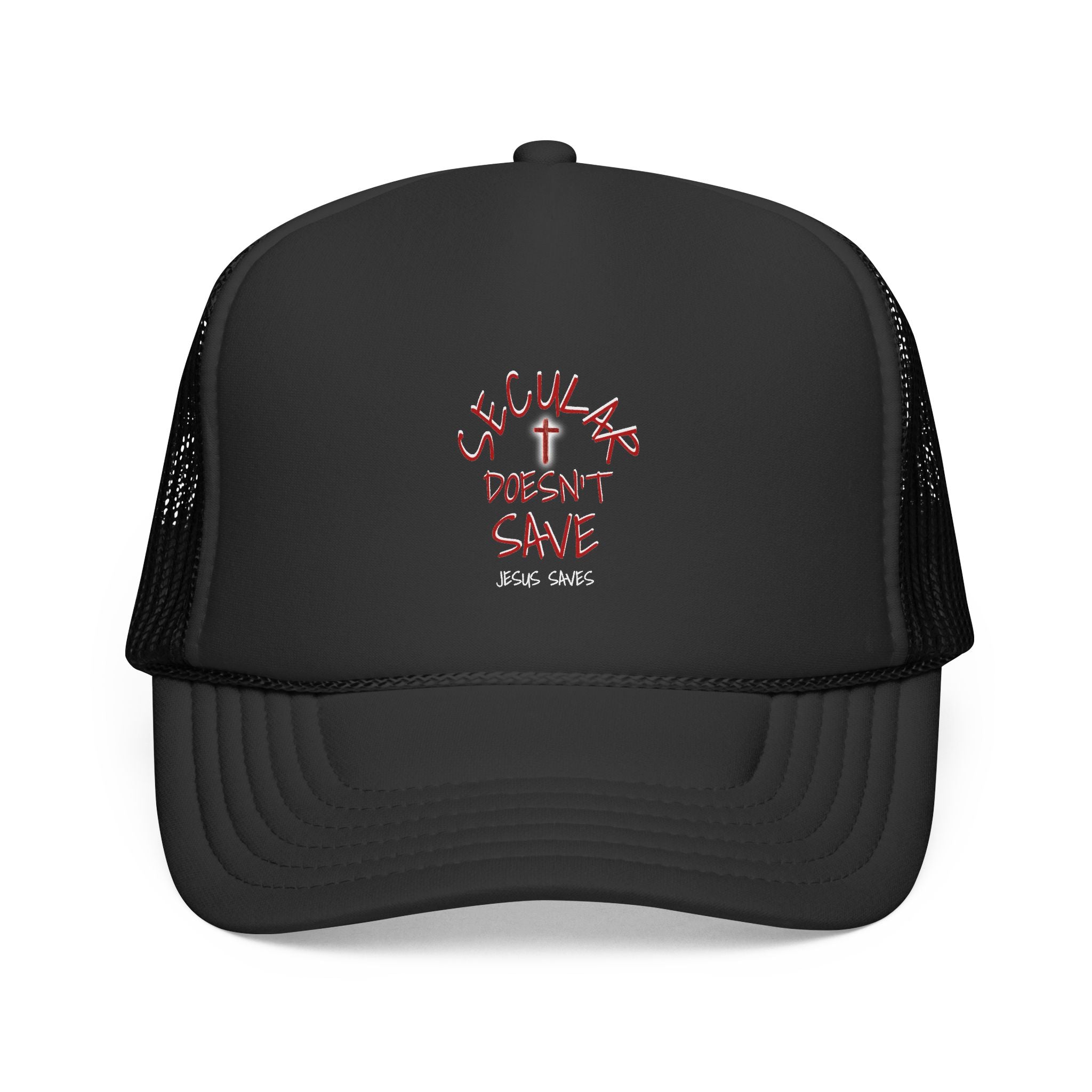 Trucker Cap — "Secular Doesn't Save" Embroidered Christian Message Hat
