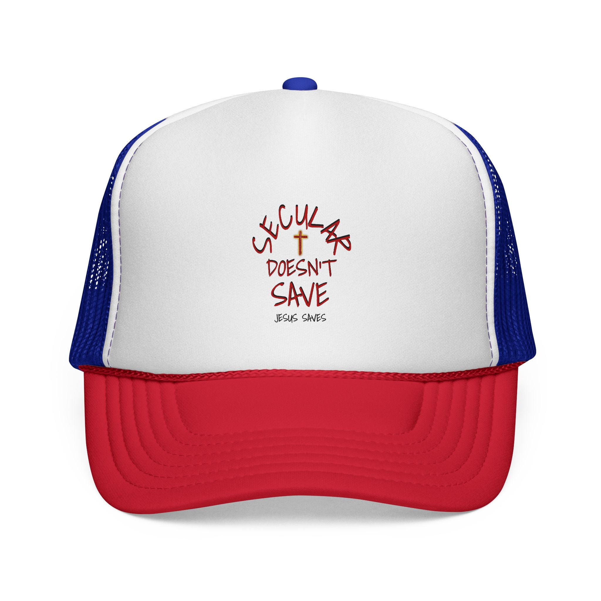 Trucker Cap — "Secular Doesn't Save" Embroidered Christian Message Hat